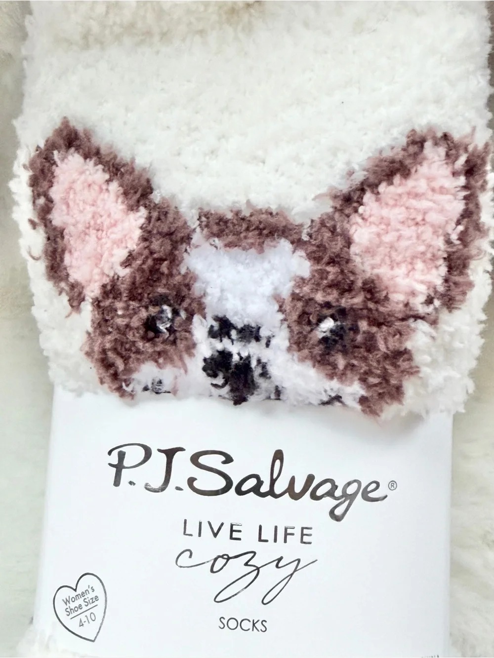 2 pack  P.J. Salvage Plush Dog Face  Cozy Socks Cream, Brown & 1 blue w/cream